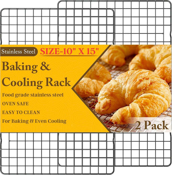 2PCS Cooling Racks for Cooking and Baking - 10" x 15"Heavy Duty Stainless Steel Wire Rack for Baking, Grilling, Roasting - Oven & Dishwasher Safe - Fits Jelly Roll Sheet Pan-Silver