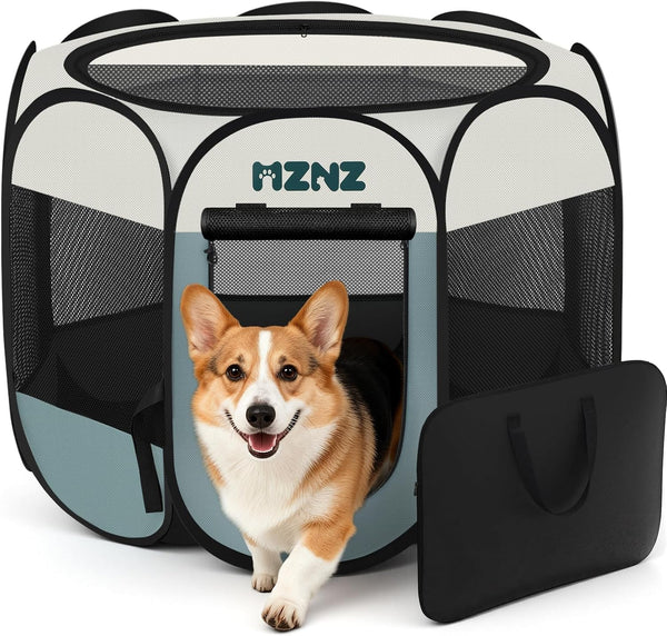 Grey dog cat playpen, portable puppy pet crate for small dogs, cats, rabbits, foldable dog cage enclosure with carrying case