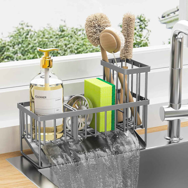 Cisily Sink Caddy Sponge Holder for Kitchen with Brush Holder and Stainless Steel Self Drain Tray, Rustproof Kitchen Sink Organizer for Sponge, Soap Dispenser Storage Accessories