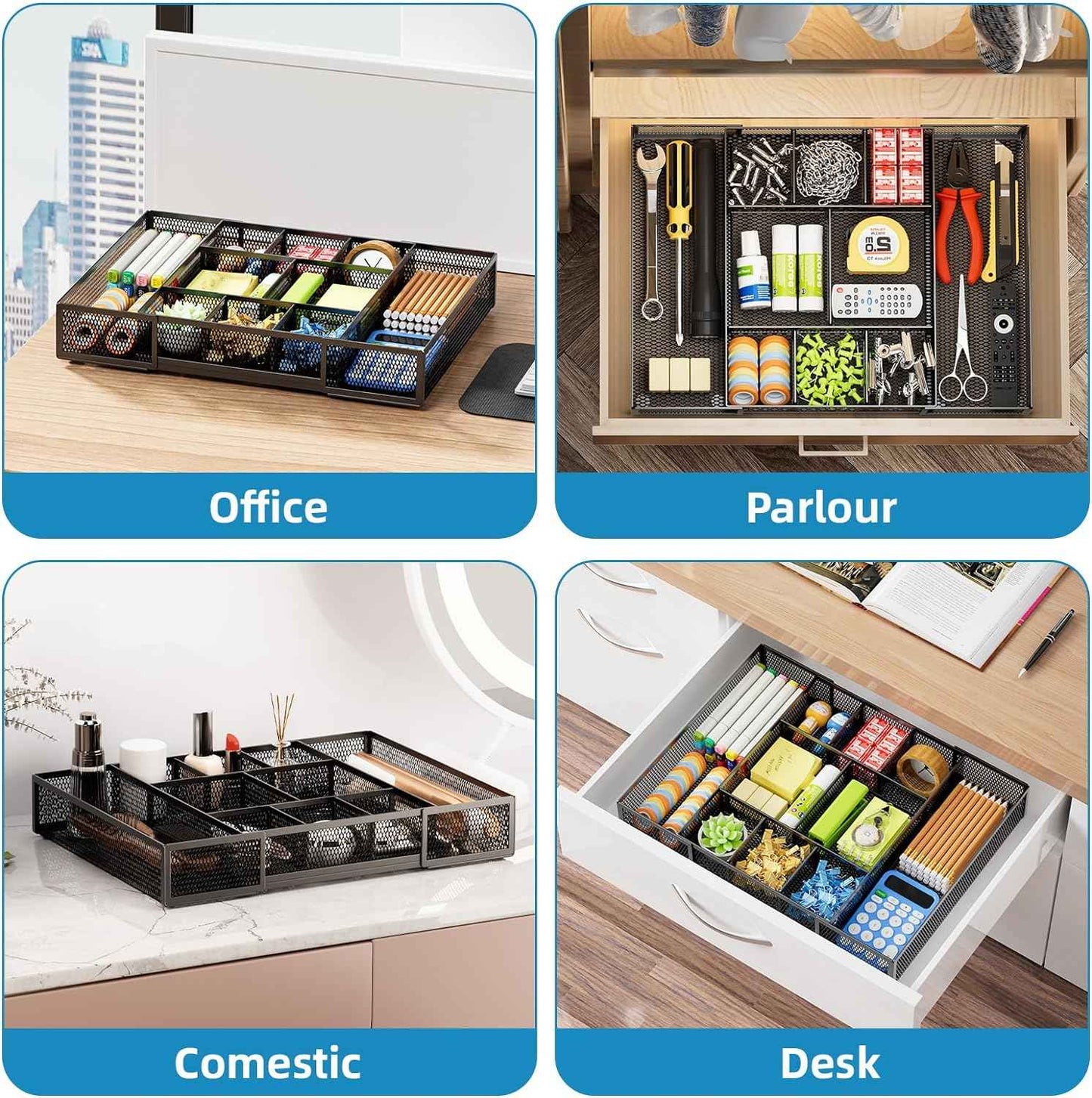 Marbrasse Expandable Desk Drawer Organizer, Mesh Drawer Organizer Tray with 10 Adjustable Compartments, Desk Organizers and Accessories, 5 Dividers Drawer for Office Supplies, Makeup & Vanity (Black)