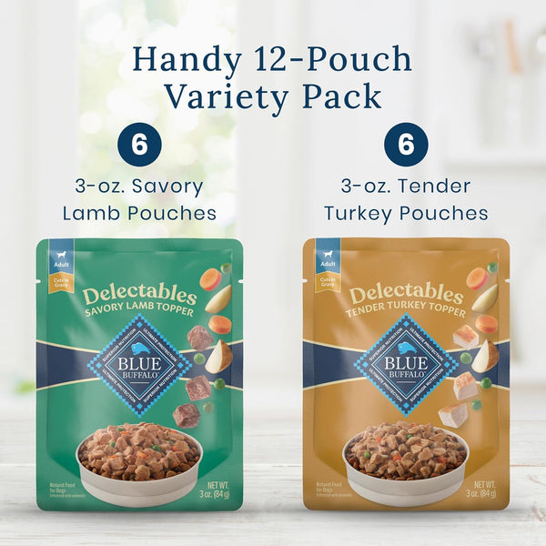 Blue Buffalo Delectables Natural Wet Dog Food Topper Variety Pack, Lamb & Turkey Dinner, 3oz, 12-Pack, 6-Flavor Assortment