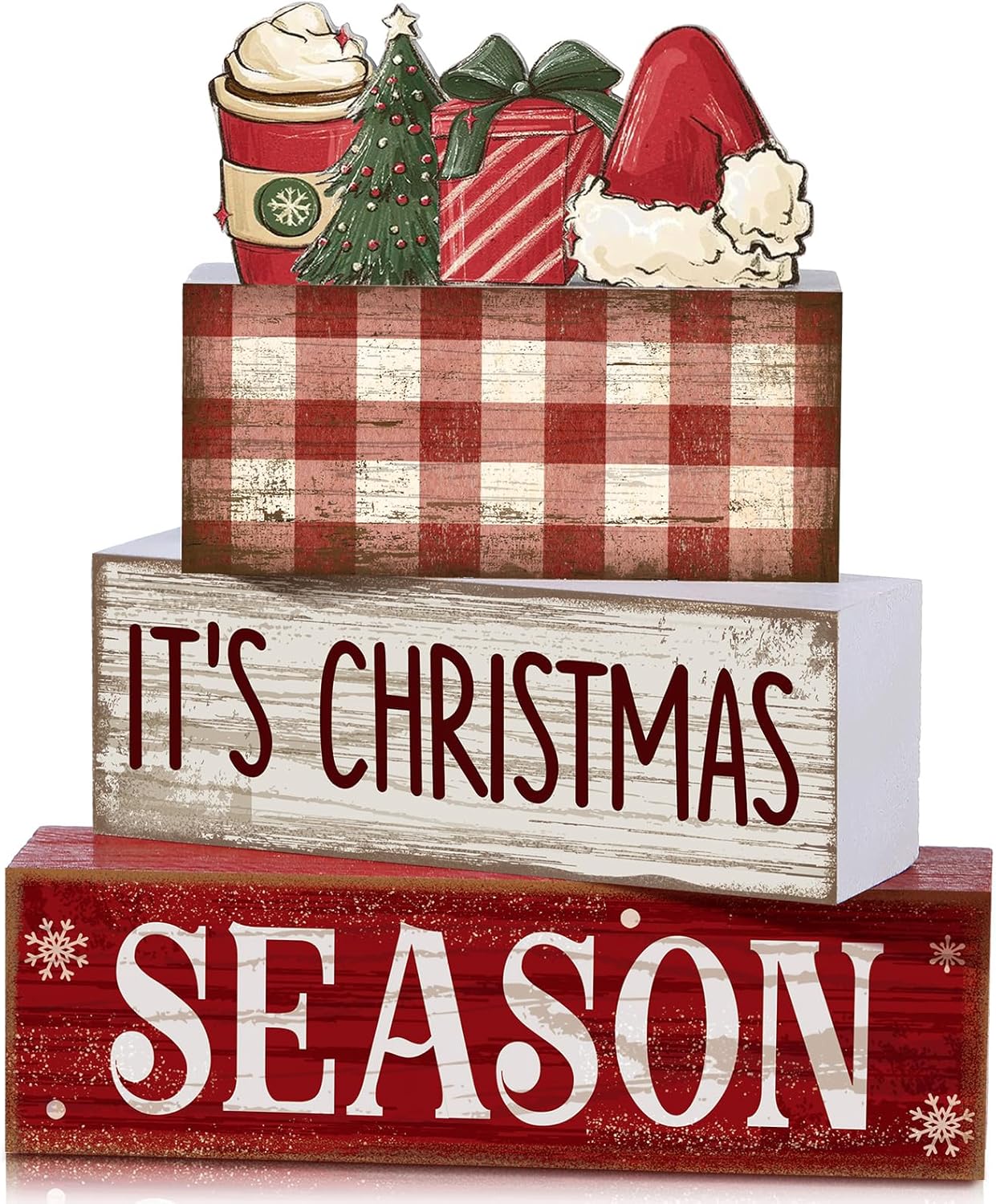 4 Pcs Christmas Table Decoration Wooden Santa Claus Decor Christmas Tiered Tray Decor Decorative Santa Claus Elk Block Sign Gift Farmhouse Xmas Table Centerpiece for Home Kitchen Shelf