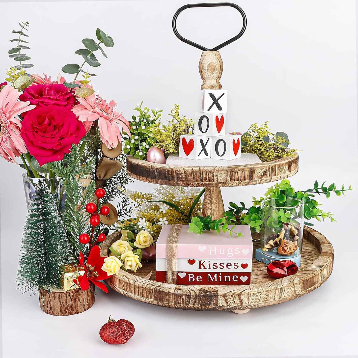 Valentines Day Decor, Wooden Book Stack with 4 XOXO Signs - Valentines Day Decorations for The Home, Tiered Tray, Coffee Table, Fireplace Mantel, Shelf