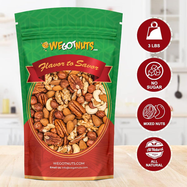 Raw Deluxe Unsalted Mixed Nuts snack by We Got Nuts, 3 lbs, resealable bag