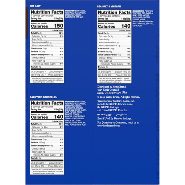 Kettle Brand 1 Oz, 20 Ct Potato Chips Variety Pack with Sea Salt, Vinegar, and BBQ