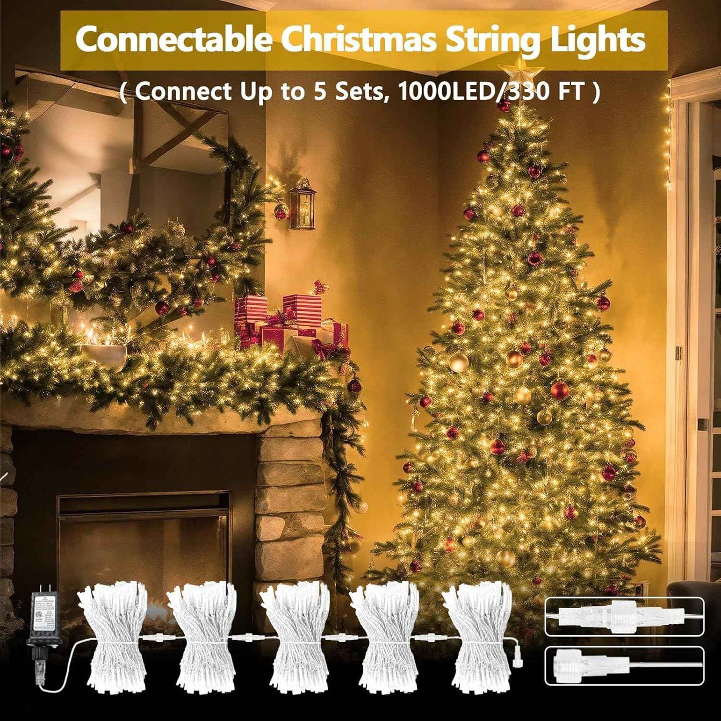 Connectable 200 LED Christmas String Lights, 66FT Warm White Indoor/Outdoor Waterproof Fairy Lights with Timer, 13 Lighting Modes, Clear Wire Plug-In Décor