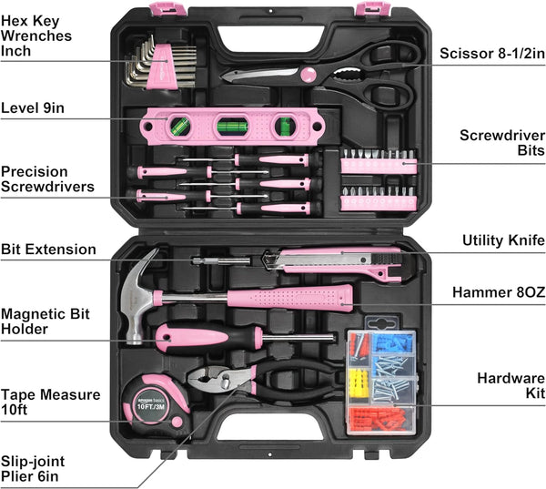 Amazon Basics 142-Piece Household Tool Kit for Home Repair, Hand Tools with Storage Case, 13.39 x 9.25 x 2.95 inch, Pink