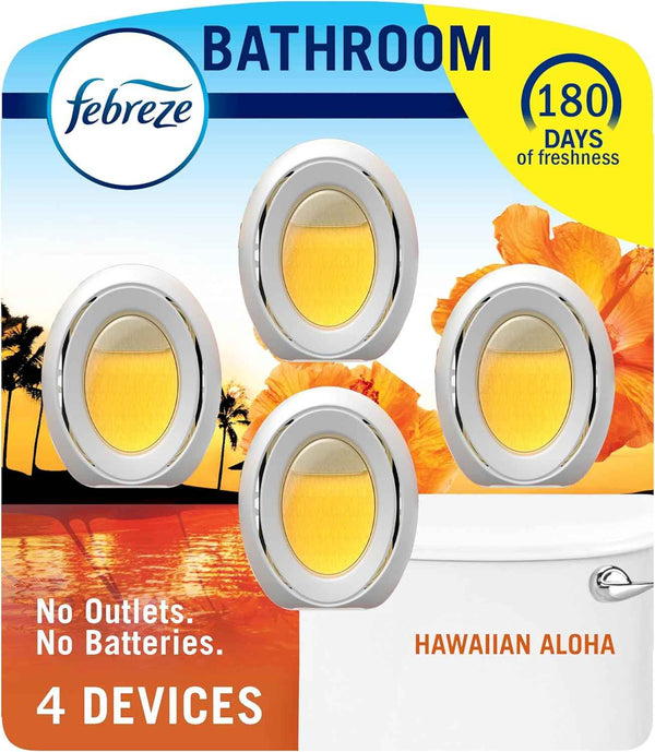 Febreze Bathroom Air Freshener, Odor-Fighting, Plug In Alternative, Air Fresheners for Home, Bathroom, & Kitchen, Closet Air Fresheners, Pet & Litter Box Odor Fighter, Refresh & Energize Scent, 4ct