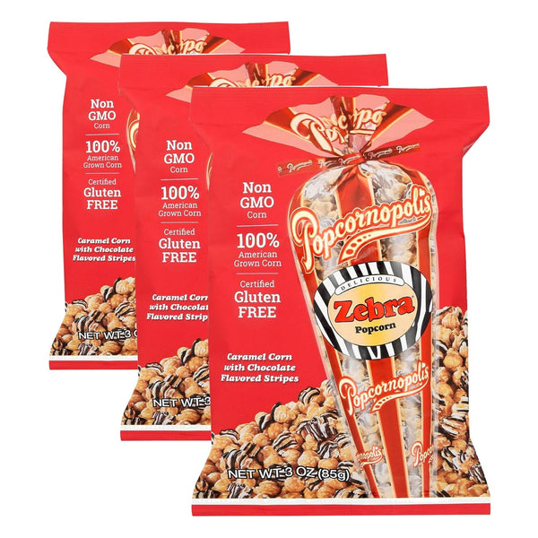 Popcornopolis Zebra Striped Caramel Corn with Confectionery Chocolate 24 Ounce American Grown