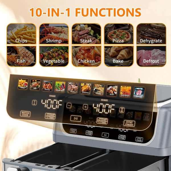 DUMOS 10-in-1 Air Fryer 9.5 QT, Large Airfryer with with 2 Independent Frying Baskets, Sync Finish & Match Cook, Shake Reminder, Wide Temperature 80-450°F, Roast Bake Defrost Dehydrate, Grey