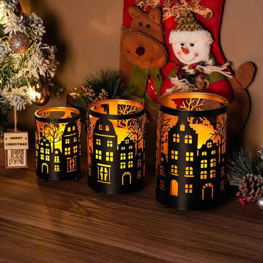 TRIROCKS Christmas Candle Lantern 7" H Etched Metal Candle Holder Christmas Decorations for Living Room Kitchen Tabletop Parties Patio Outdoors Indoors(3PCS;Bronze House)