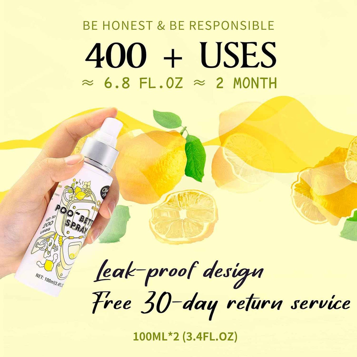 Clean-n-Fresh 100% Natural Citrus Poo Spray - Up to 400 Uses, Essential Oil Bathroom Deodorizer