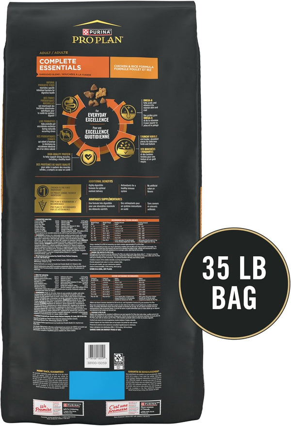 Purina Pro Plan Complete Essentials Shredded Blend Chicken and Rice Dog Food Dry Formula with Probiotics, 35 lb, Chicken First Ingredient