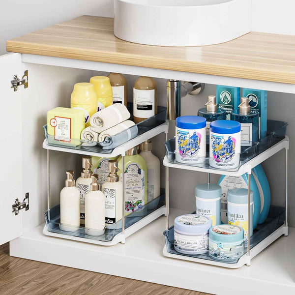 Delamu 2-Tier Multi-Purpose Bathroom Under Sink Organizers and Storage, Stackable Kitchen Pantry Organization, Pull Out Medicine Cabinet Organizer with Movable Dividers, White, 2 Pack