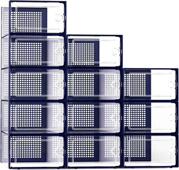 Kuject X-Large Shoe Storage Boxes Organizers Clear Plastic Stackable 12 Pack, Shoe Rack & Holder Substitute, Sneaker Containers, Toy Storage Organizer Bins for Entryway, Closet, Under Bed, Black
