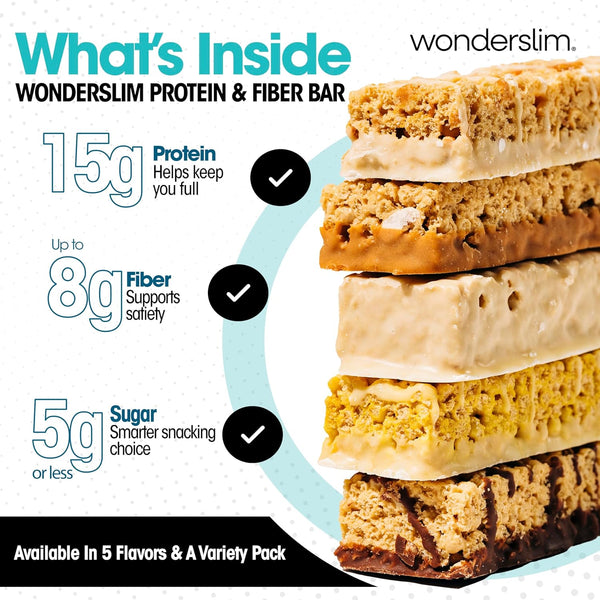 Wonderslim High Fiber Protein Bars Variety Pack 15g Protein 8g Fiber Low Sugar Low Carb