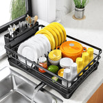 Large capacity dish drying rack for kitchen counter with utensil holder and efficient drainage