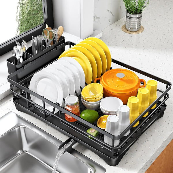 Large capacity dish drying rack for kitchen counter with utensil holder and efficient drainage