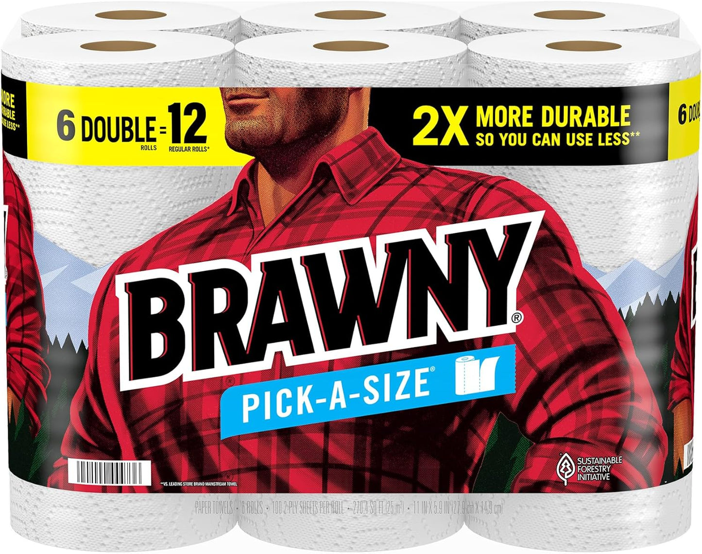 Brawny Tear-A-Square Paper Towels, 6 Double Rolls = 12 Regular Rolls, 3 Sheet Sizes (Quarter, Half, Full), Strength for All Messes, Cleanups, and Meal Prep