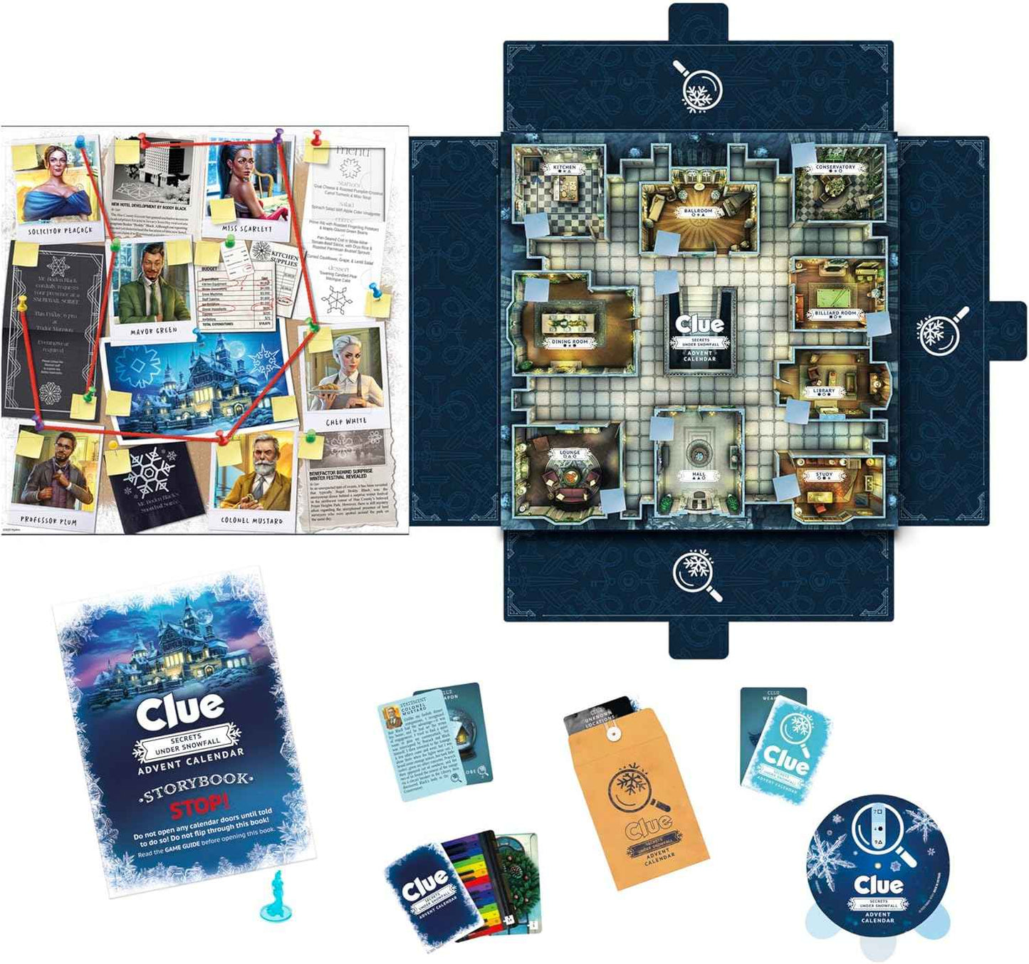 Clue Advent Calendar: Secrets Under Snowfall | 24 Days | Family Mystery Games | with 6 Winter-Themed Tokens and Surprise | Ages 10+ | 1+ Players
