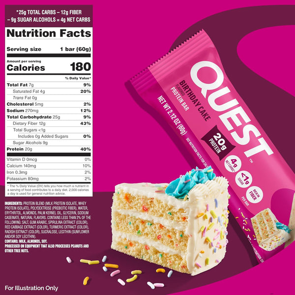 Quest Nutrition Birthday Cake Protein Bars, 20g Protein, 4g net Carbs, Gluten Free, Keto Friendly, 4 Count