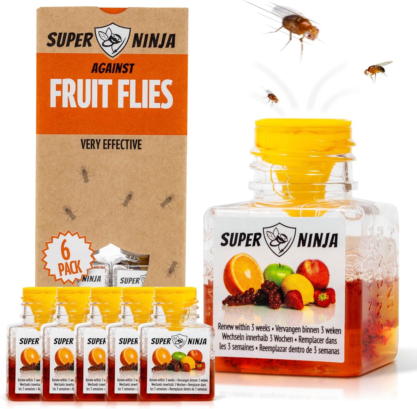 Super Ninja Fruit Fly Traps for Indoors - 4 Pack, Highly Effective Fruit Fly Catcher for Indoor Use for Home & Kitchen, Up to 3 Weeks of Performance per Bottle, Kid & Pet Friendly