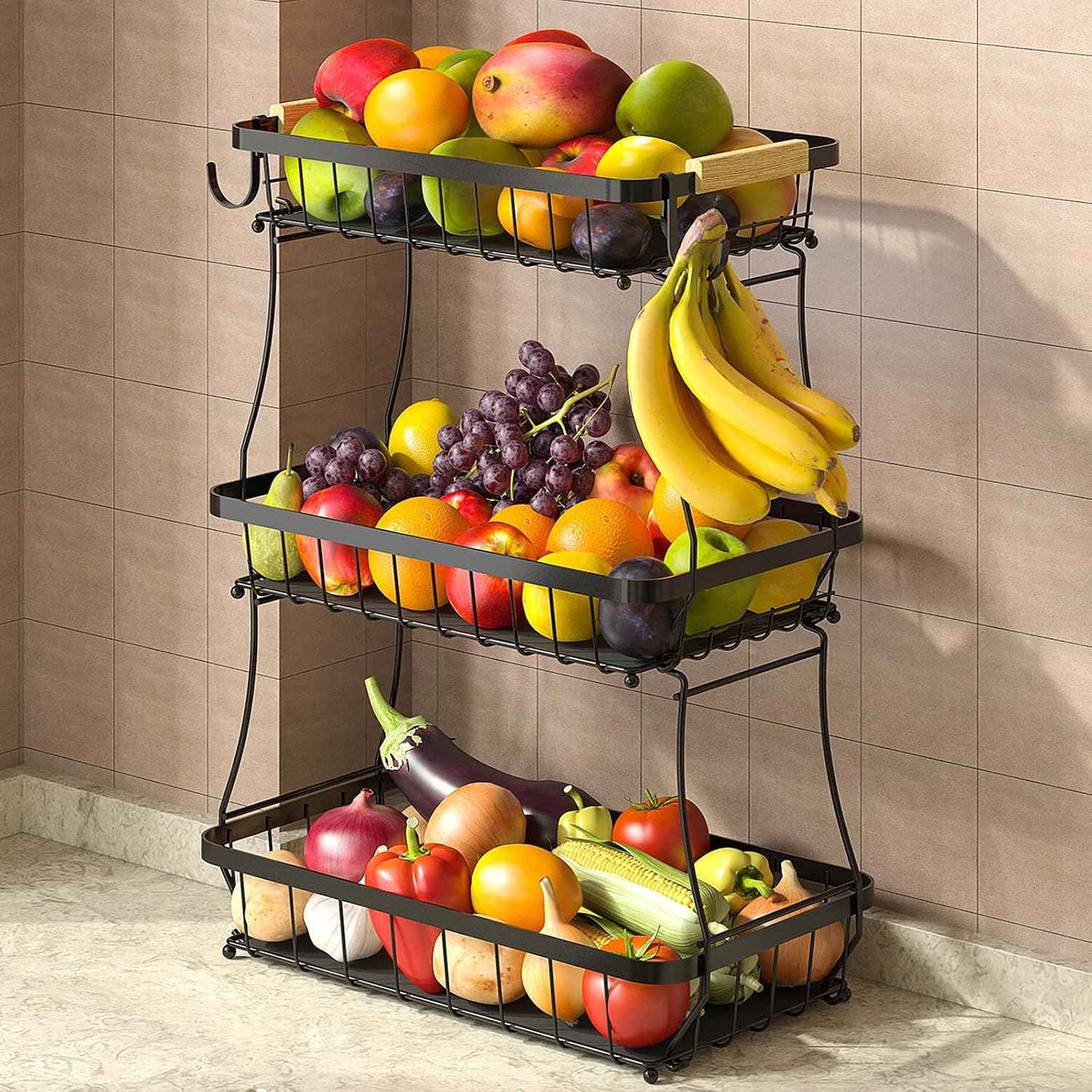 2 Tier Fruit Basket for Kitchen Counter with 2 Mobile Banana Hangers, 2025 Pro Detachable Metal Fruit Bowl with Wooden Handle, Fruit Holder for Bread Snack Veggies with Protective Mats