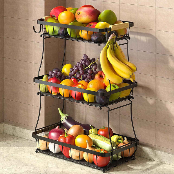 2 Tier Fruit Basket for Kitchen Counter with 2 Mobile Banana Hangers, 2025 Pro Detachable Metal Fruit Bowl with Wooden Handle, Fruit Holder for Bread Snack Veggies with Protective Mats