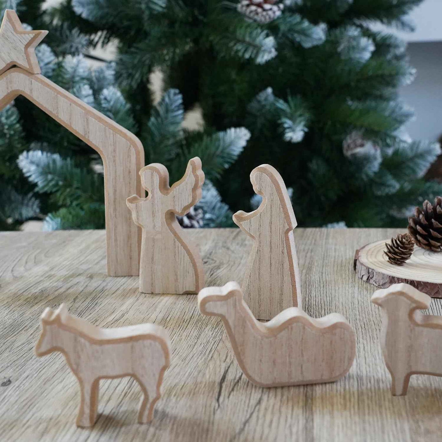 NEROSUN Nativity Scene Set, 13Pcs Wooden Christmas Nativity Scene Miniature Holy Family Figurines, Minimalism Boho Tabletop Christmas Manger Decorations for Indoor Home Mantel Display