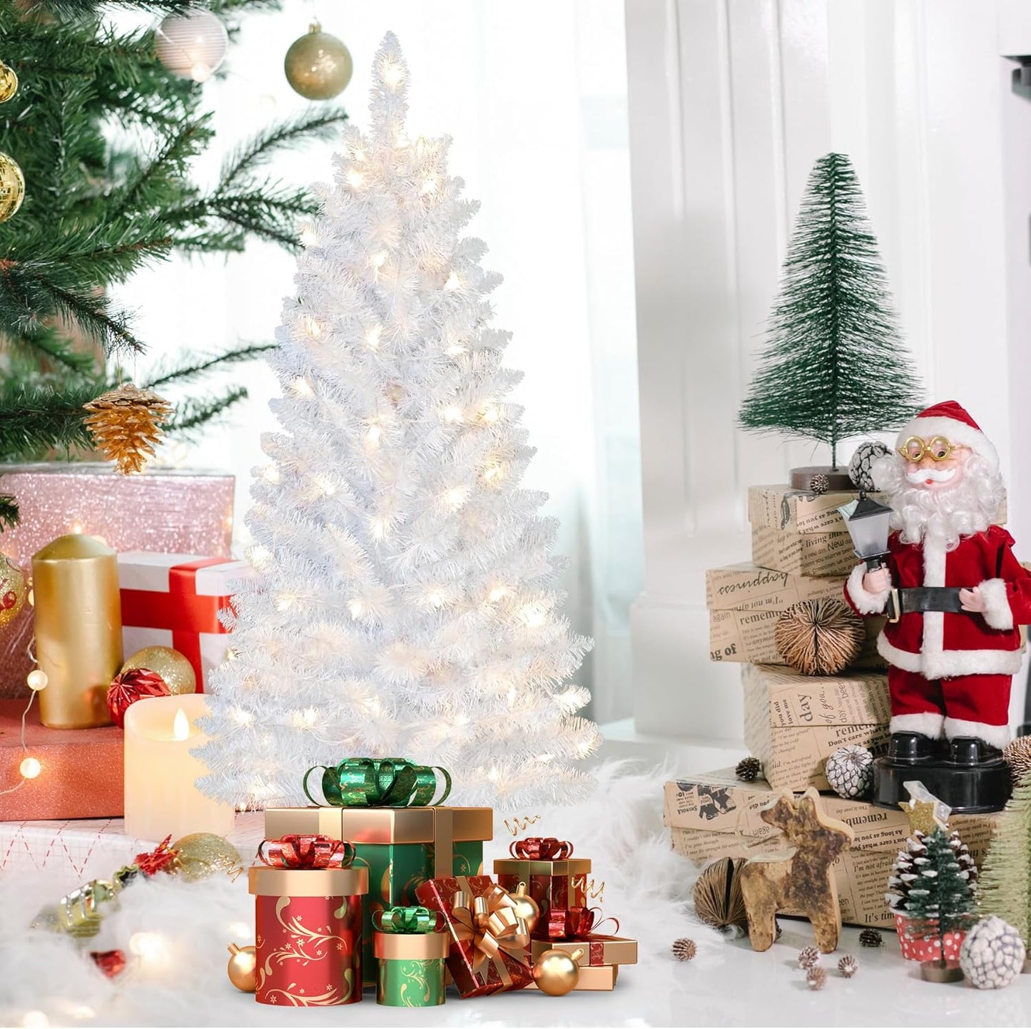 4ft Lighted Artificial White Christmas Tree | Leeheeyee Small Christmas Tree, Not Pre-lit White Tinsel Pine Trees with Lights, Ideal for Home, Office, and Xmas Tree Party Décor