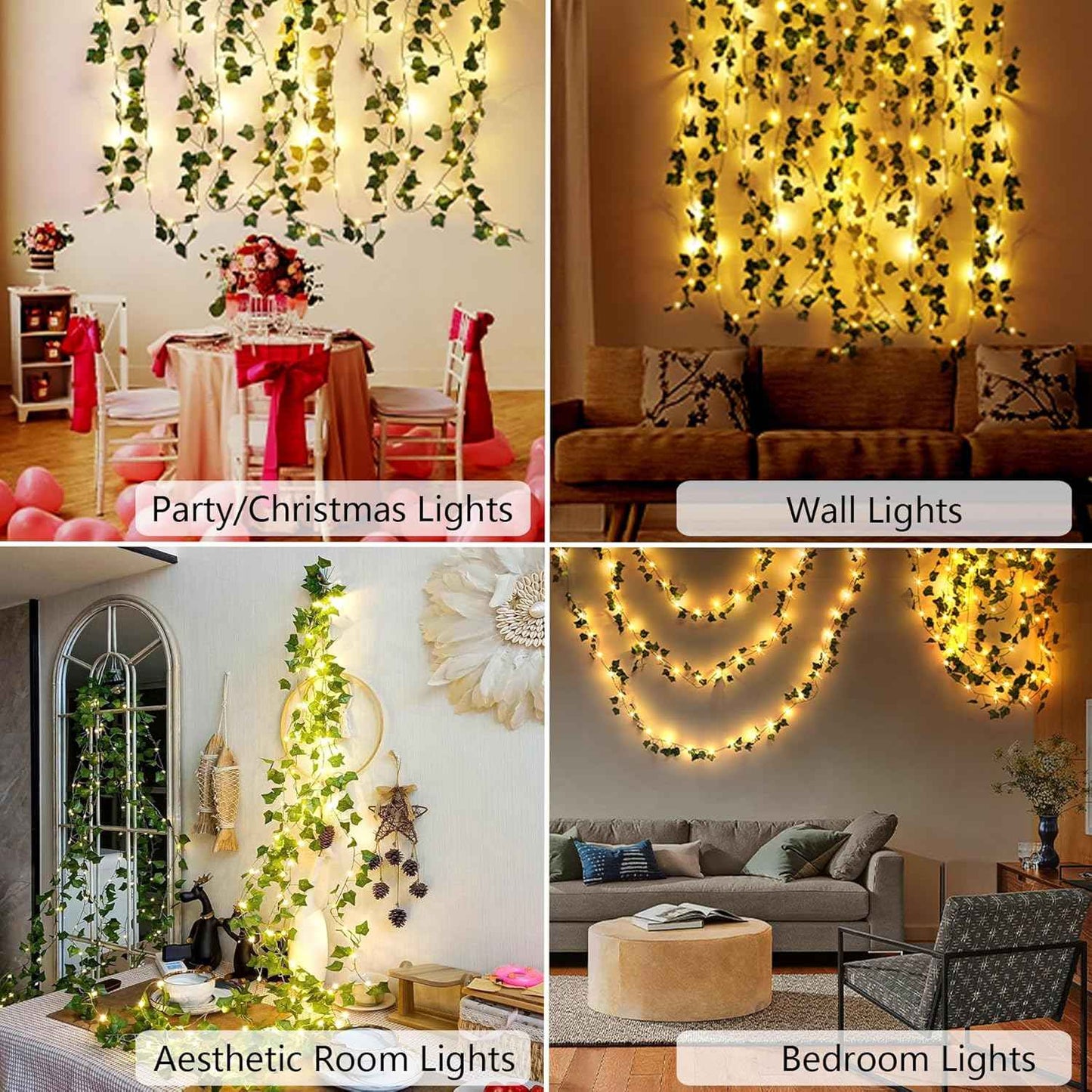 2 Pack Vine with Lights 6.6ft 20 LED Fake Ivy Garland String Fairy Light Hanging Plants Artifical Vines Leaf Lights for Bedroom Aesthetic, Room, Wall, Garden, Indoor, Party, Wedding Decor