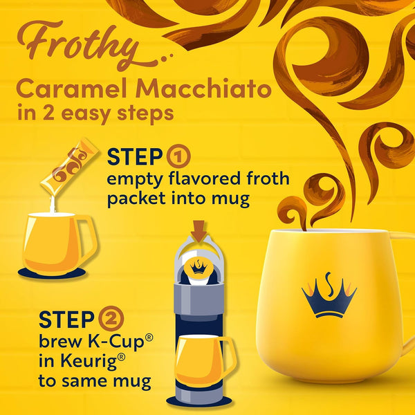 Gevalia Frothy Artificially Flavored Caramel Macchiato Espresso Style K-Cup Coffee Pods & Froth Packets Kit