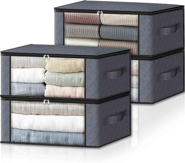 HomeHacks Storage 3-Pack Clothes Organizer Storage Bags Foldable Storage Box with Large Clear Window Sturdy Handles for Closet, Dorm, Pillows, Bedding, Clothes, Blankets, 35L, Gray