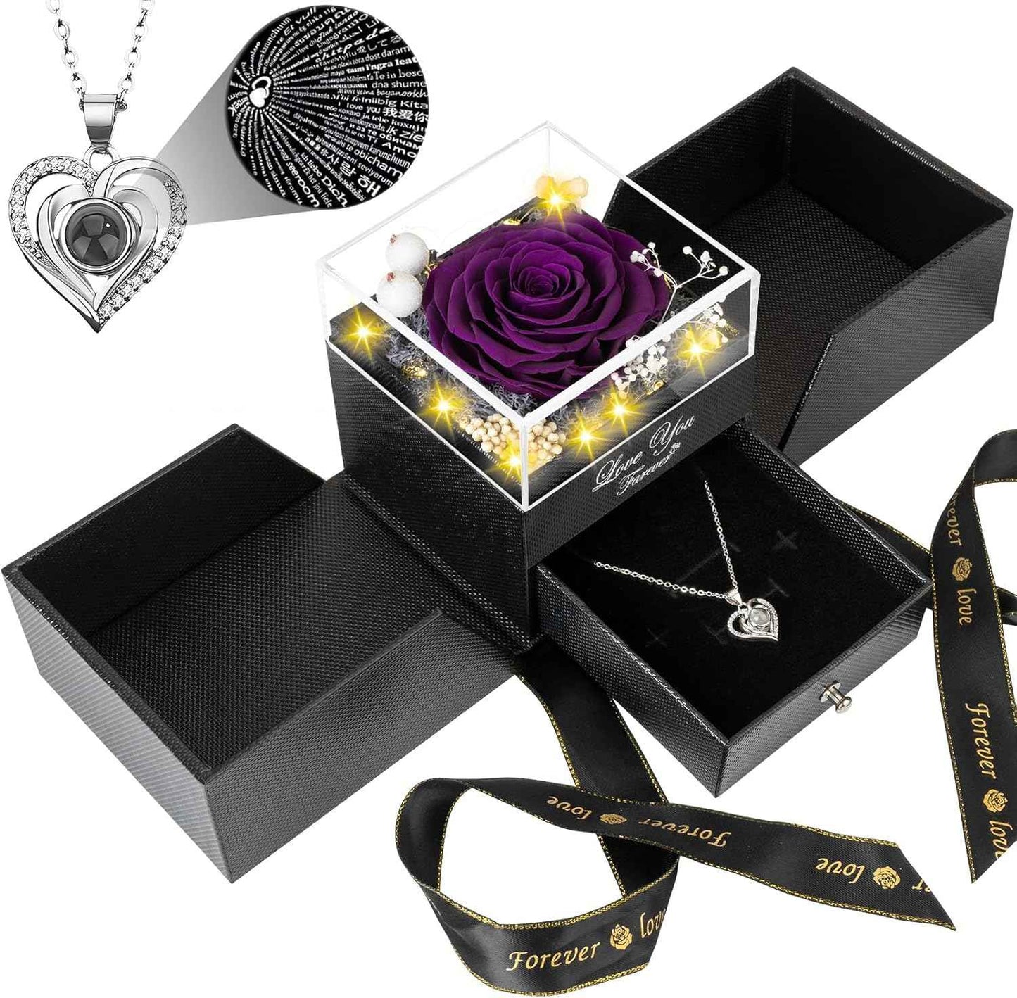 Preserved Real Red Rose with Necklace Forever Flowers Rose Valentines Day Gifts for Her Wife Girlfriend Women Mom Grandma on Valentines Mothers Day Sweetest Day Christmas Anniversary Romantic-Red