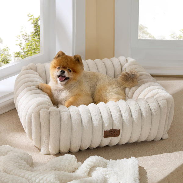bedsure comfyfleece cute dog bed, small medium dogs, washable furry puppy bed with removable zipper cover, 25x21x7inches, cream