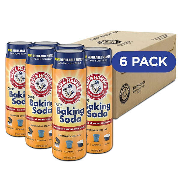 Arm & Hammer Pure Baking Soda Shaker, 12 Oz, Pack of 6, Free-Flowing Granules, Water-Resistant Container