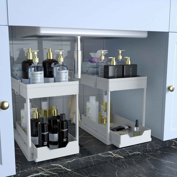 DEKAVA Under Sink Organizer 2 Pack, Bathroom Cabinet Organizer, 2 Tier Sliding Cabinet Basket Organizer Drawer, Multi-Purpose Bath Collection Baskets for Bathroom (Black)