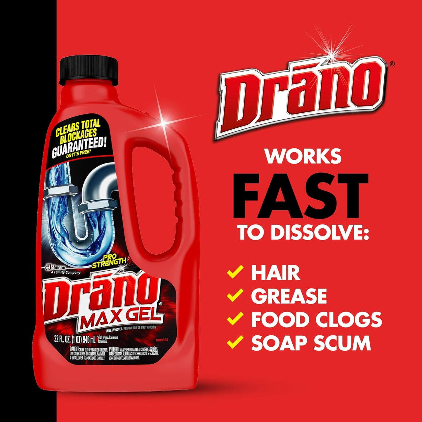 Drano Max Gel Drain Clog Remover and Cleaner for Shower or Sink Drains, Unclogs and Removes Hair, Soap Scum, Blockages, 32 oz