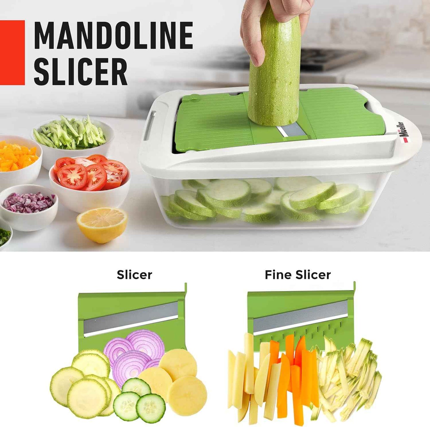 Mueller Pro-Series 10-in-1, 8 Blade Vegetable Chopper, Onion Mincer, Cutter, Dicer, Egg Slicer with Container, French Fry Cutter Potato Slicer, Home Essentials, Salad Chopper White Sand/Green