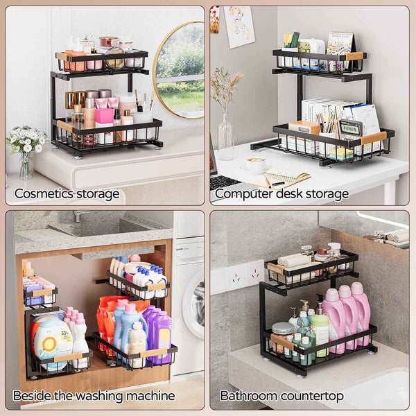 ADBIU Under Sink Organizer, 2 Pack 2 Tier Expandable Height Kitchen Bathroom Cabinet Organizers