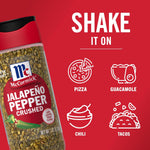 McCormick Crushed Jalapeño Pepper, 1.37 oz, bold flavor and moderate heat.