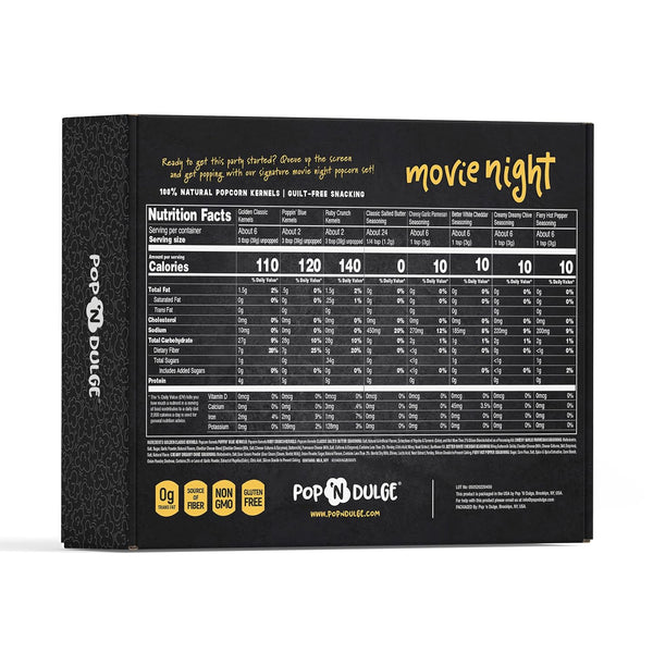 Pop n' Dulge popcorn movie night gift set with 5 gourmet kernels and 5 seasoning packs - 16 piece non-GMO kosher snacks