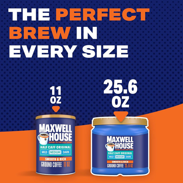 maxwell house half caff original medium roast ground coffee, 25.6 oz canister, smooth and rich, consistently great taste