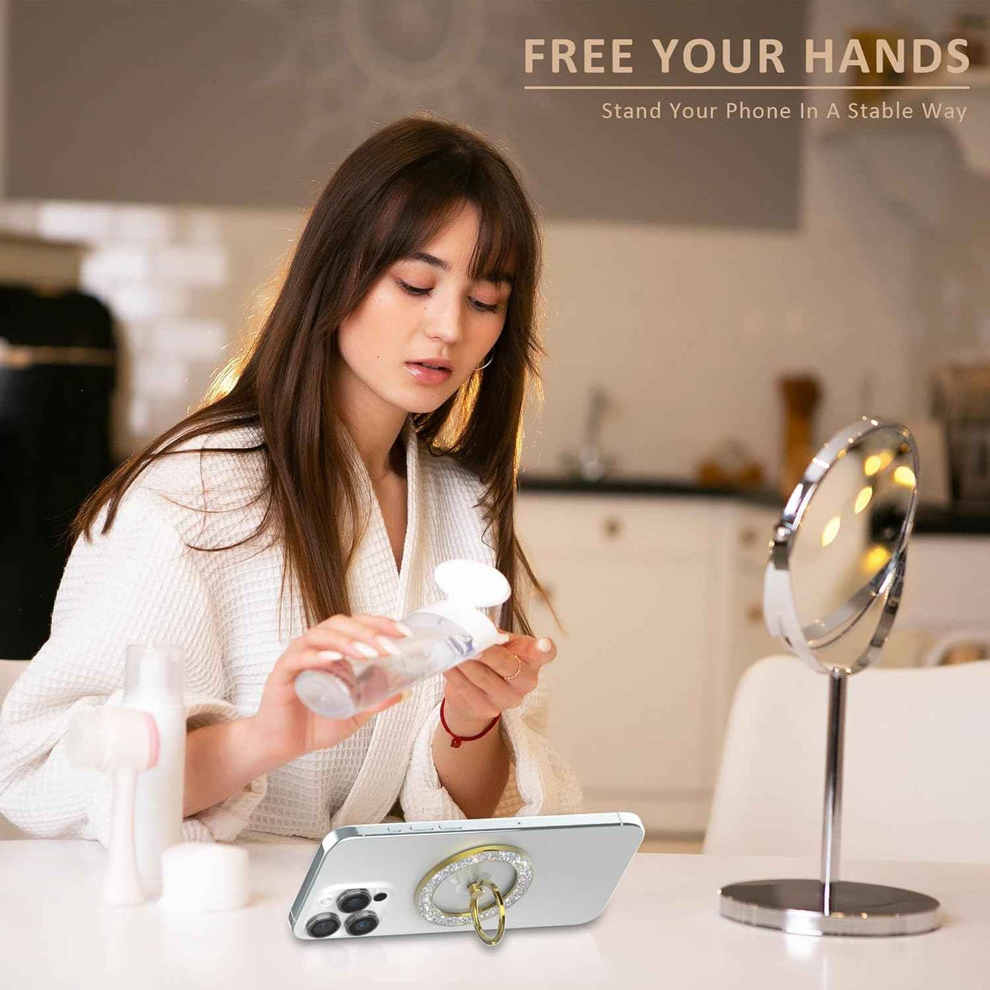 Magnetic Phone Ring Holder for MagSafe Cell Phone Grip Stand Finger Ring Stand Compatible with iPhone 17 16 15 14 13 12 Pro Max MagSafe Accessories Android. (Glitter Gold)