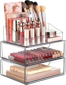 3 Tier Clear Makeup Organizer with Drawer for Countertop and Bathroom Vanity