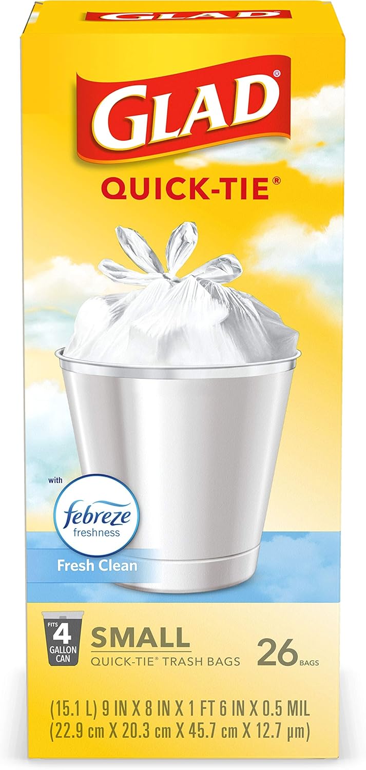 Glad Small Trash Bags 4 Gallon, Febreze Fresh Clean Garbage Bags, Odor Resistant with Quick Tie, 26 Count