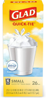 Glad Small Trash Bags 4 Gallon, Febreze Fresh Clean Garbage Bags, Odor Resistant with Quick Tie, 26 Count - Rayz Mart