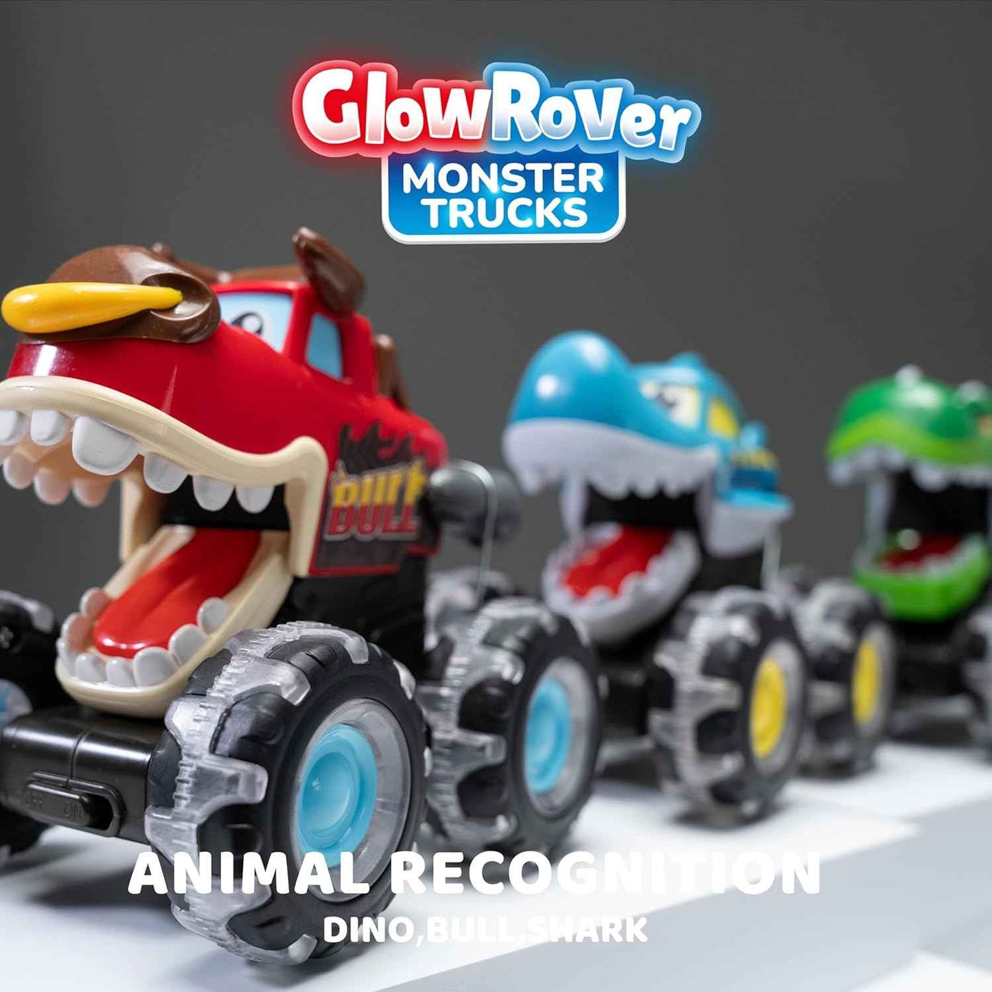 JOYIN 3 Pack Monster Truck Toy - Motion Activated Light Up Cars for Toddlers - Monster Glow Rover LED Wheels - Baby Boy Toys - Press and Go Dinosaur Trucks for Kids Boys Birthday Gifts for Christmas