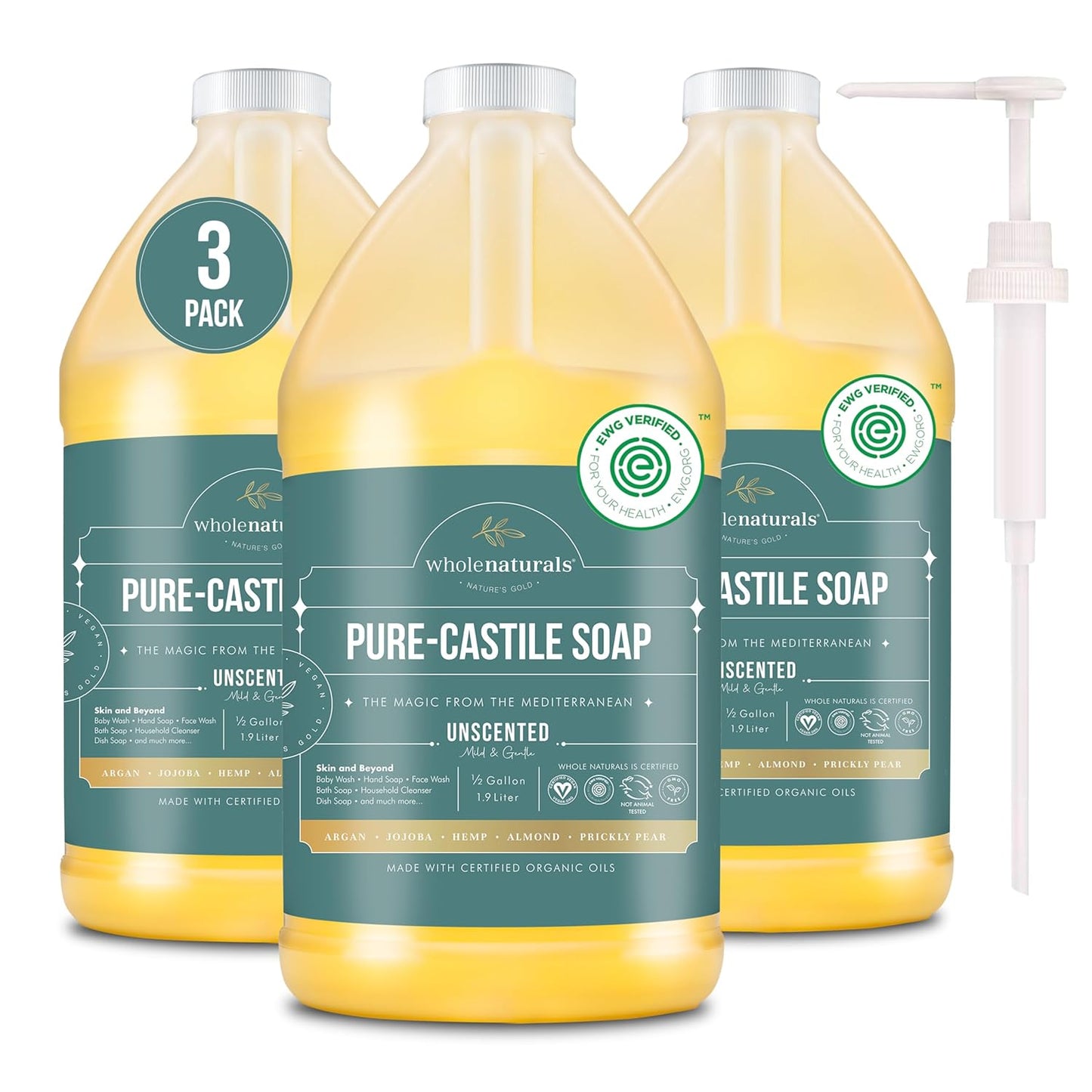 WHOLENATURALS Pure Castile Soap Liquid, EWG Verified & Certified Palm Oil Free Unscented, Natural, Mild & Gentle Non-gmo & Vegan - Organic Body Wash, Laundry, Pet/Dog and Baby Soap - 64 Fl Oz