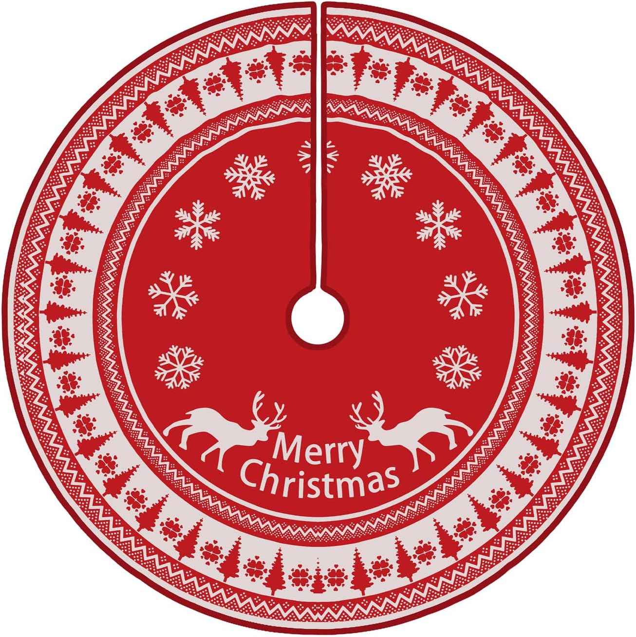 Flash World 48 Inch Large Christmas Tree Skirt Xmas Soft Cover Mat Decor Snowflake Collar Farmhouse Tree Skirt for Holiday Ornaments Party Home Indoor Decorations (Red, 48INCH)
